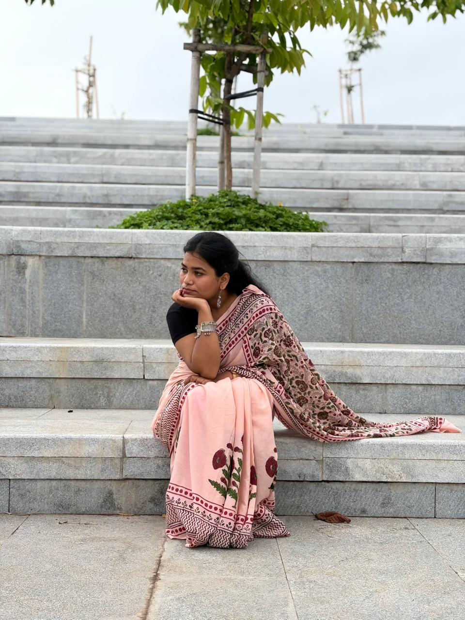 Hand Block Printed Cotton Saree in Blush Pink