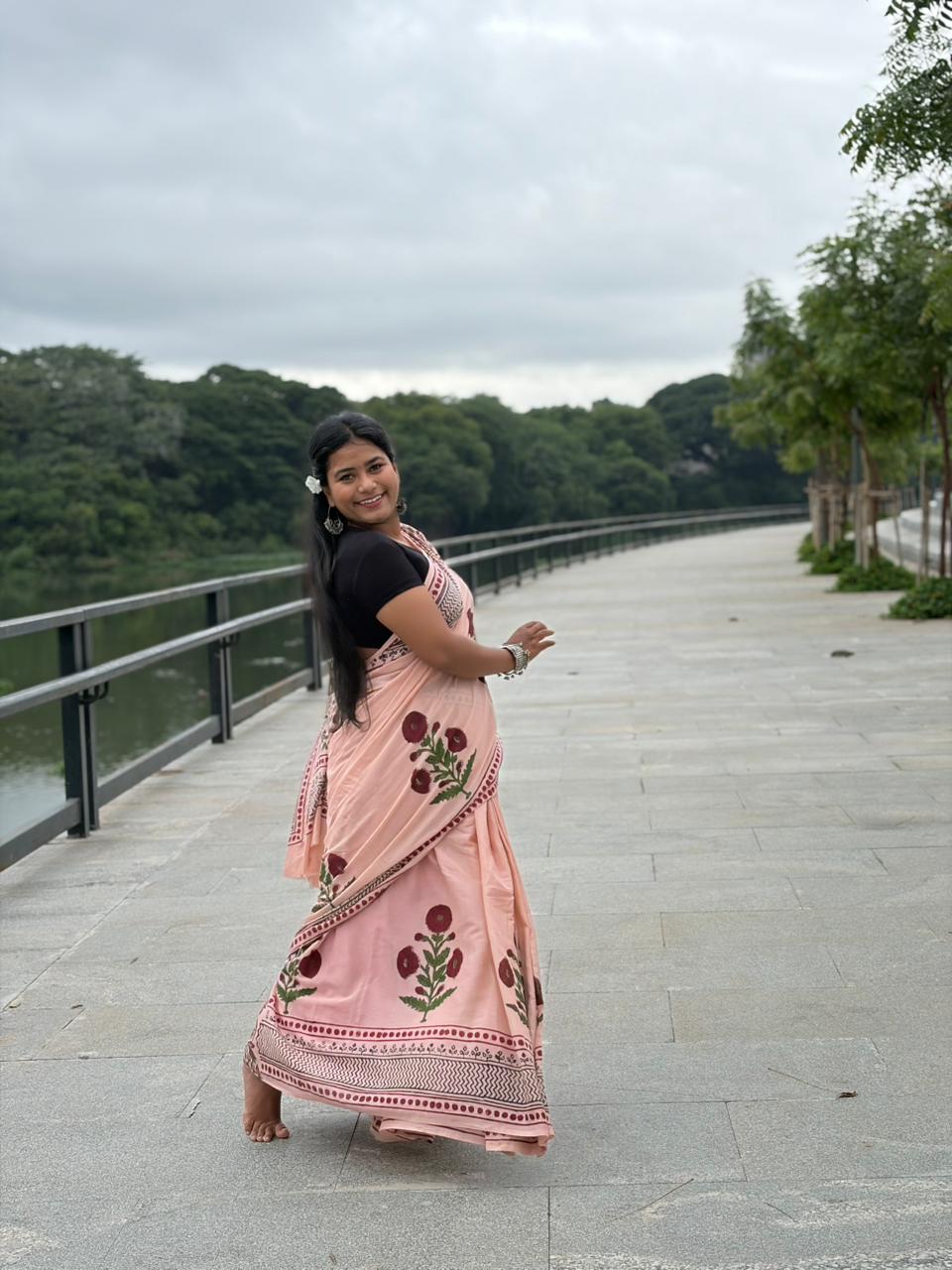 Hand Block Printed Cotton Saree in Blush Pink