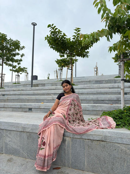 Hand Block Printed Cotton Saree in Blush Pink