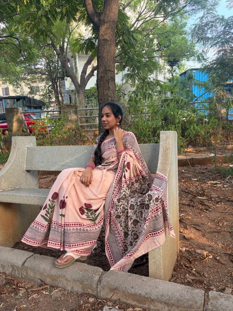 Hand Block Printed Cotton Saree in Blush Pink