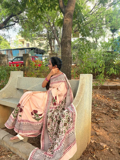 Hand Block Printed Cotton Saree in Blush Pink