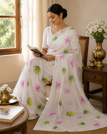 Graceful Hand-Painted Viscose Organza Saree with Pink Lotus Motifs