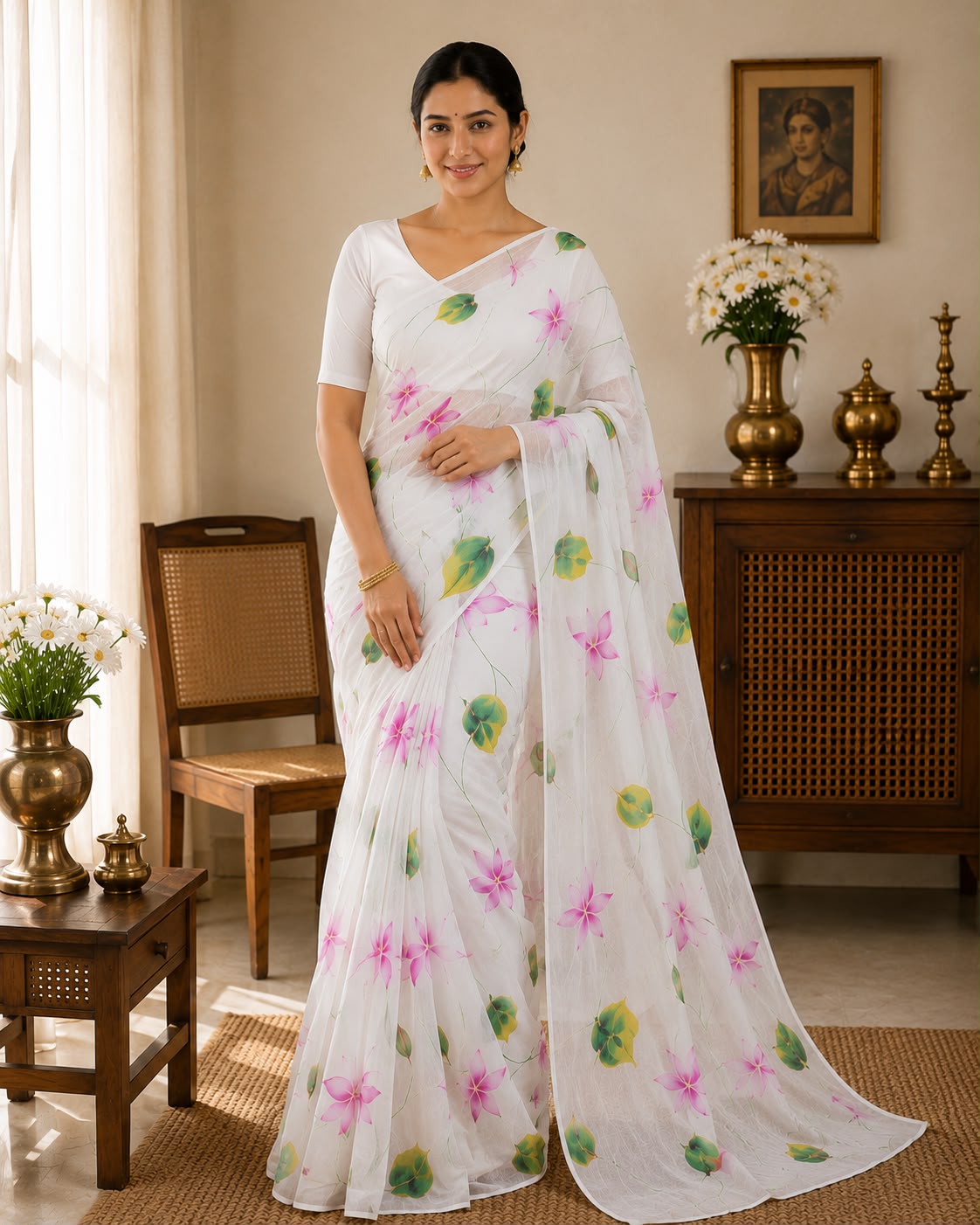 Graceful Hand-Painted Viscose Organza Saree with Pink Lotus Motifs