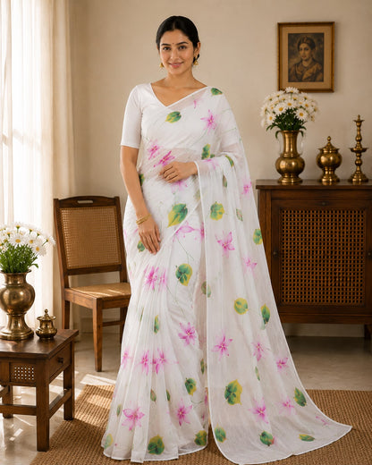 Graceful Hand-Painted Viscose Organza Saree with Pink Lotus Motifs