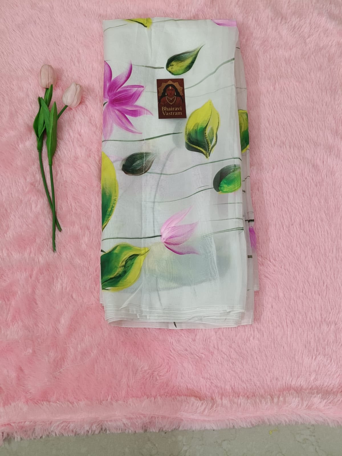Graceful Hand-Painted Viscose Organza Saree with Pink Lotus Motifs