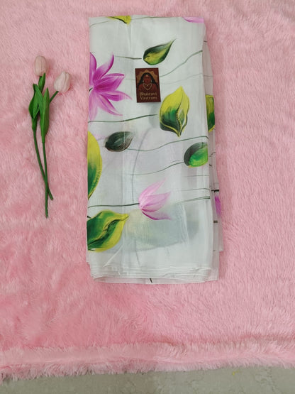 Graceful Hand-Painted Viscose Organza Saree with Pink Lotus Motifs