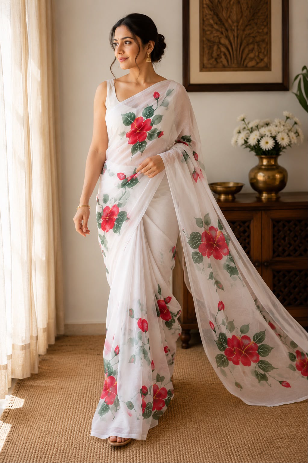 Hand-Painted Hibiscus Viscose Organza Saree