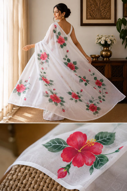 Hand-Painted Hibiscus Viscose Organza Saree