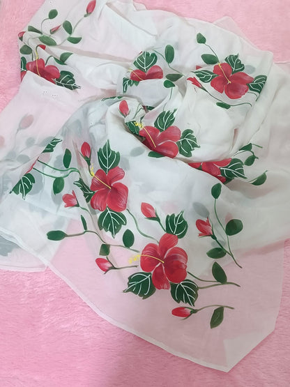 Hand-Painted Hibiscus Viscose Organza Saree