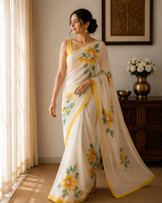 Hand-Painted Floral Georgette Saree