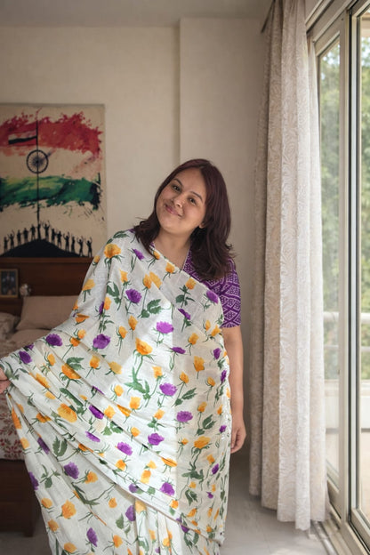 Bagru Pure Cotton Rose Printed Saree Online for Women | Bhairavi Vastram