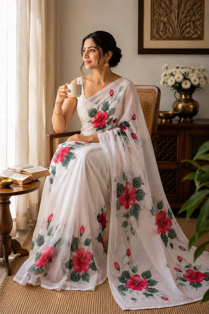 Hand-Painted Hibiscus Viscose Organza Saree