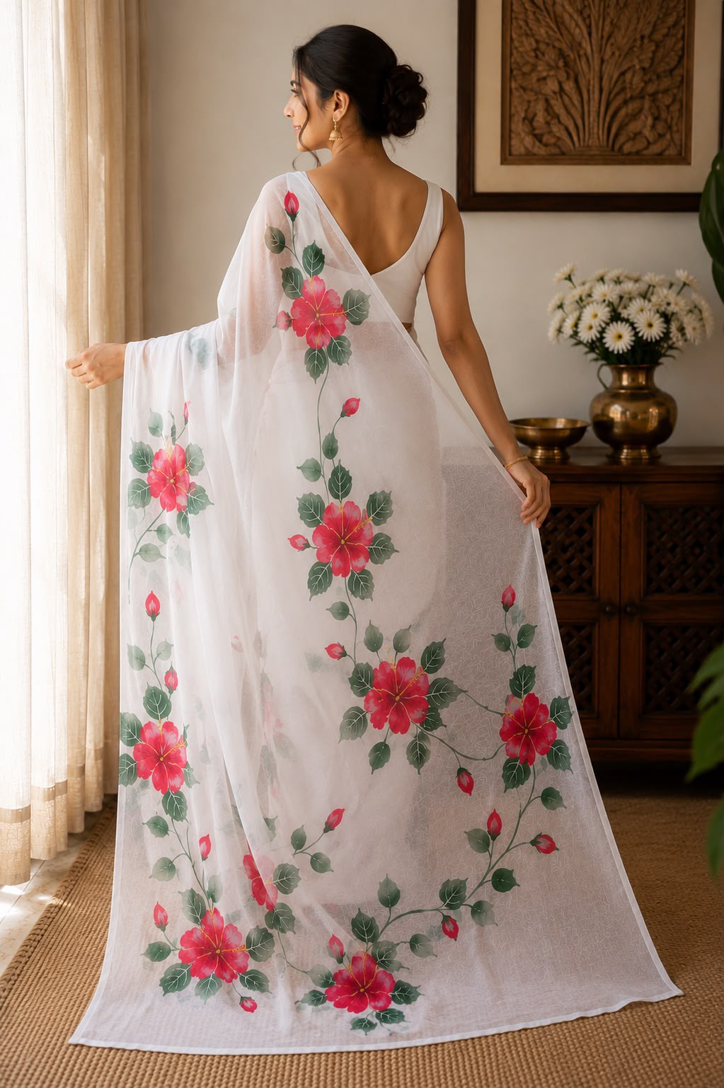 Hand-Painted Hibiscus Viscose Organza Saree
