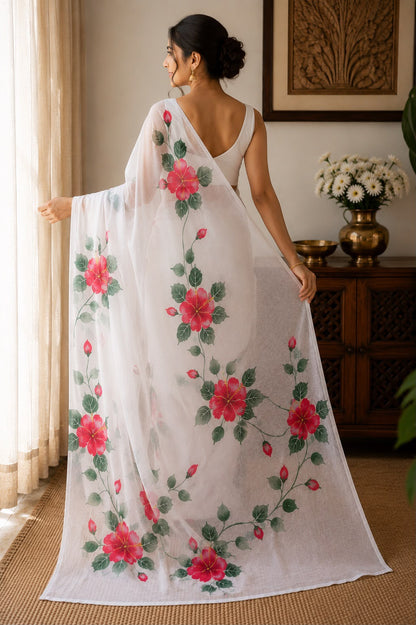 Hand-Painted Hibiscus Viscose Organza Saree