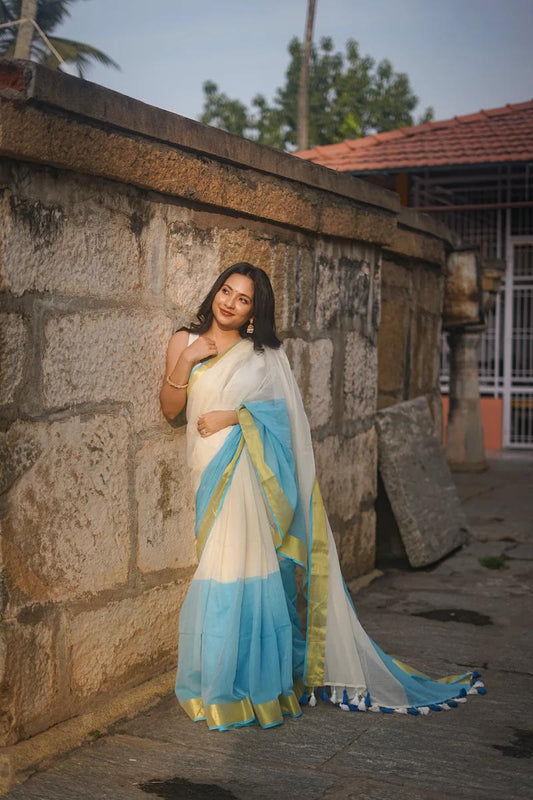 White & Sky Blue Border Cotton Saree