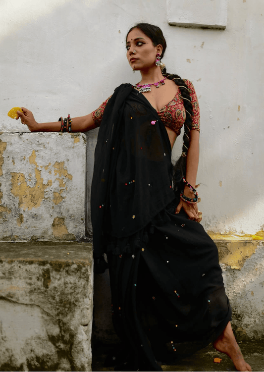 Charulata Noir Pure Mul Cotton Mirrorwork Saree