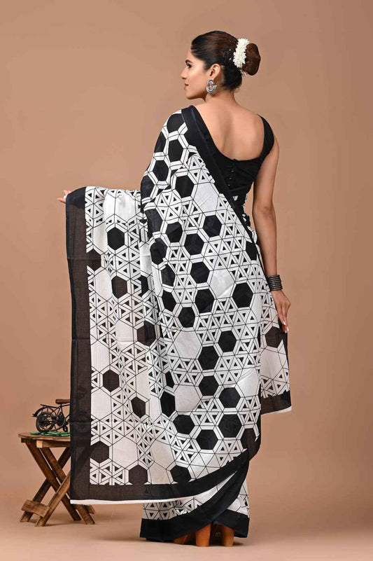Noir Maze Geometric Mulmul Cotton Saree