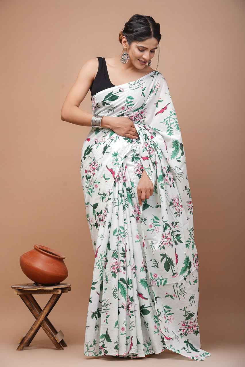 Whispering Petals White Bloom Cotton Saree